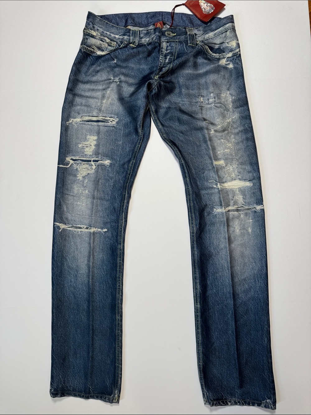 DONDUP NWT 100% Silk Trompe-l'oeil Distressed Denim Trousers Lightweight Rare 31